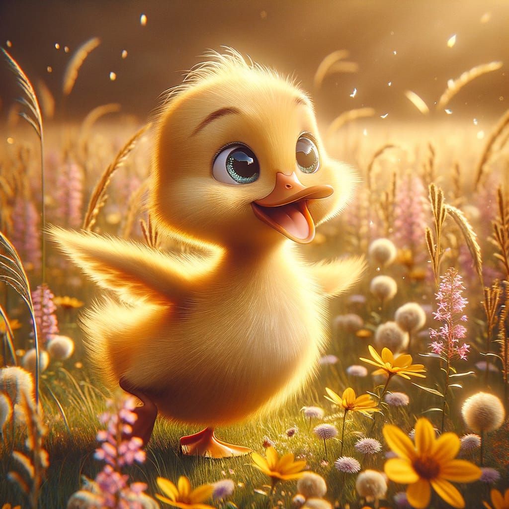 Charming Duckling Dancing in Wildflower Meadow