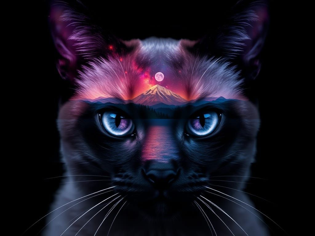 Majestic Siamese Cat in a Translucent Galaxy Landscape