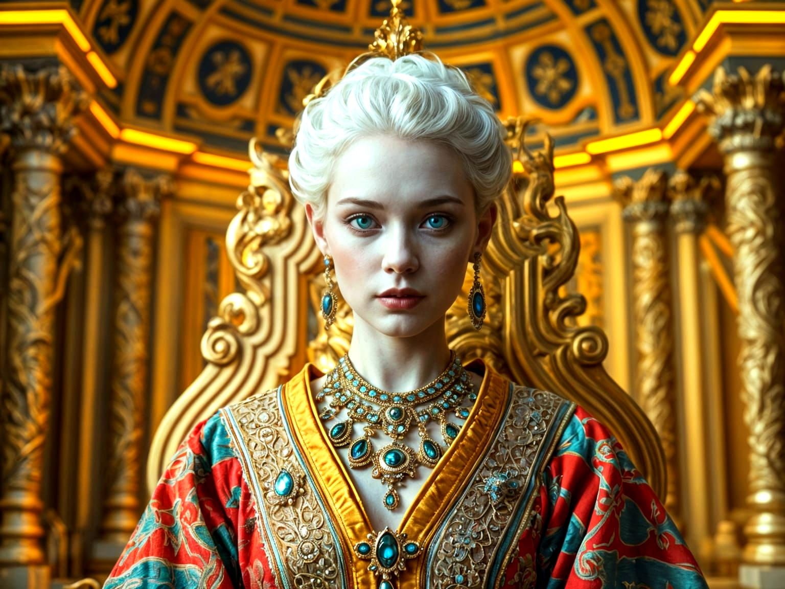 Albino Princess in Cyberpunk Palace, Hyperrealistic