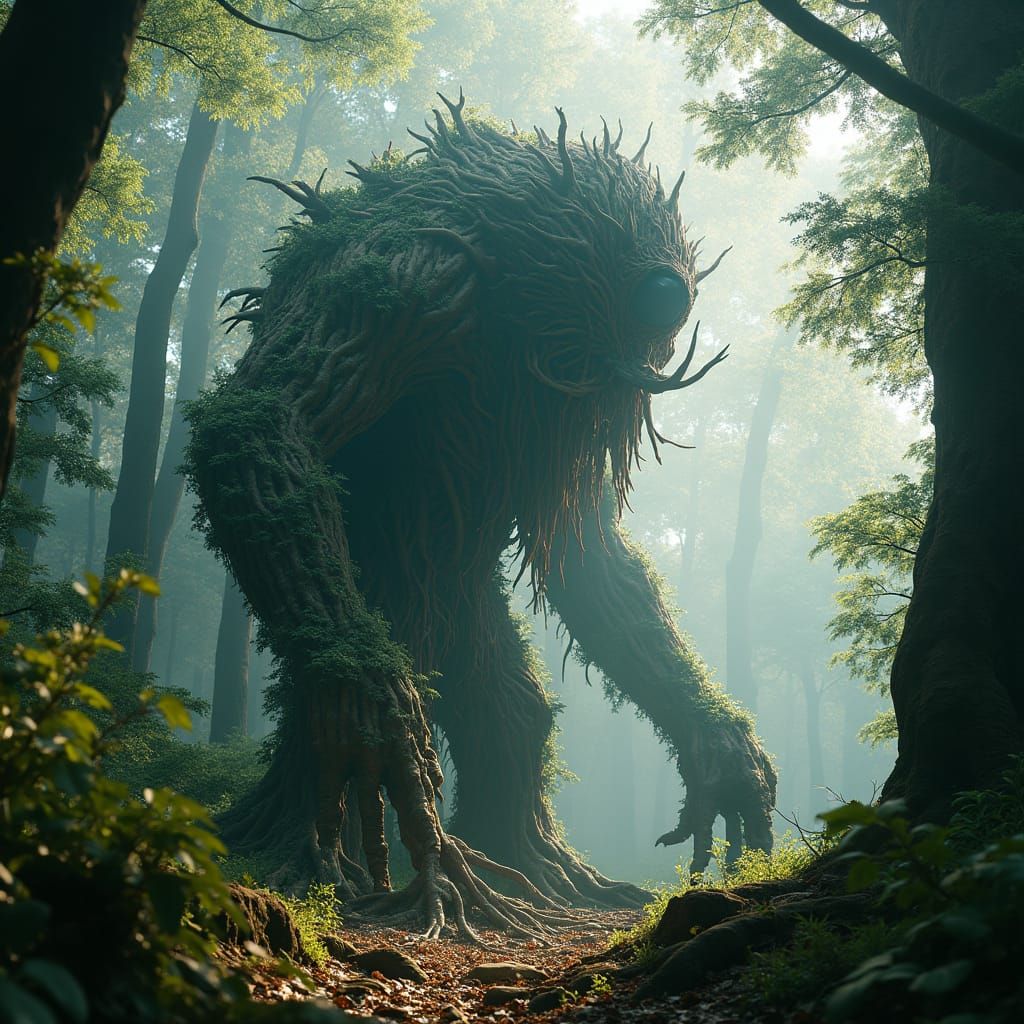 Mystical Forest God in Mist-Shrouded Woods