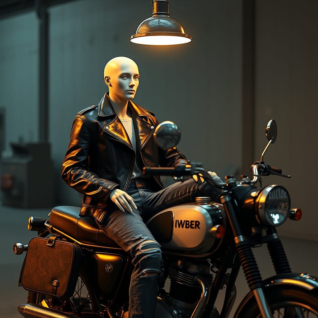 Mannequin on Motorbike in Futuristic Realism Style
