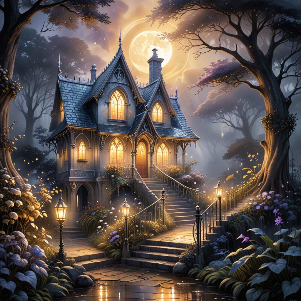 Whimsical Gothic Cottage in Dreamy Watercolor Style