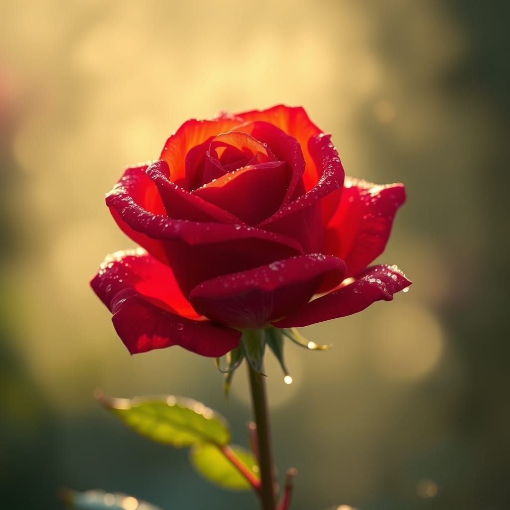 Hyperrealistic Red Rose in Ethereal Golden Hour Light