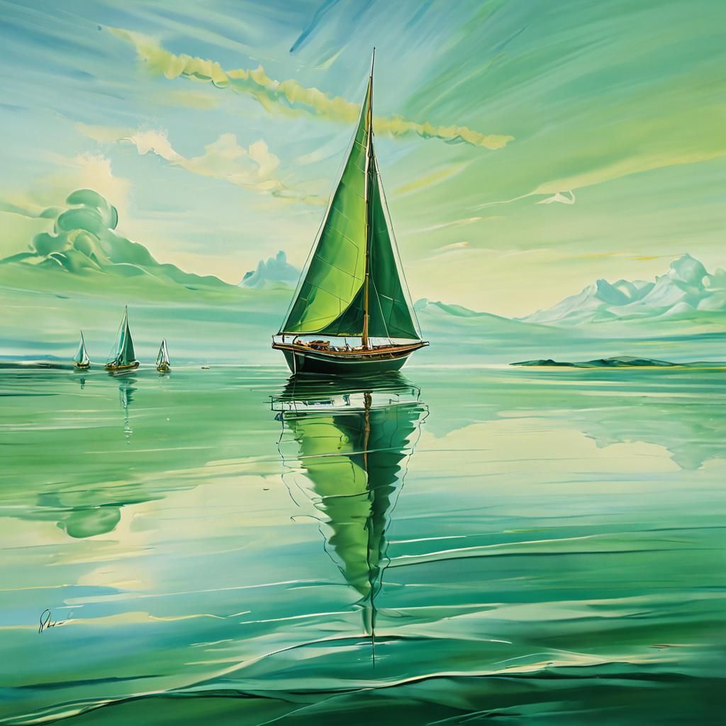 Surreal Green Sailboat Landscape in Dali Style