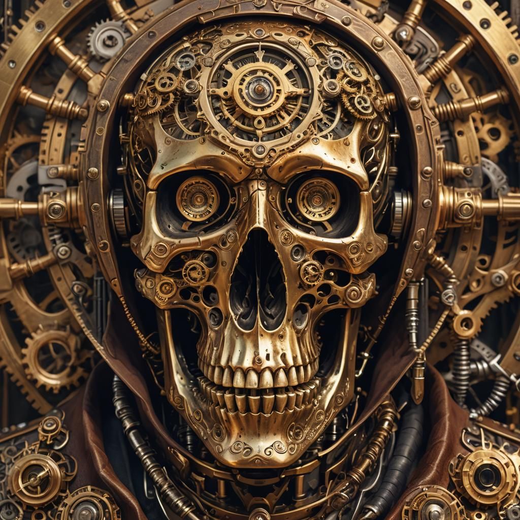 Steampunk Skull Art with Hourglass and Brass Details