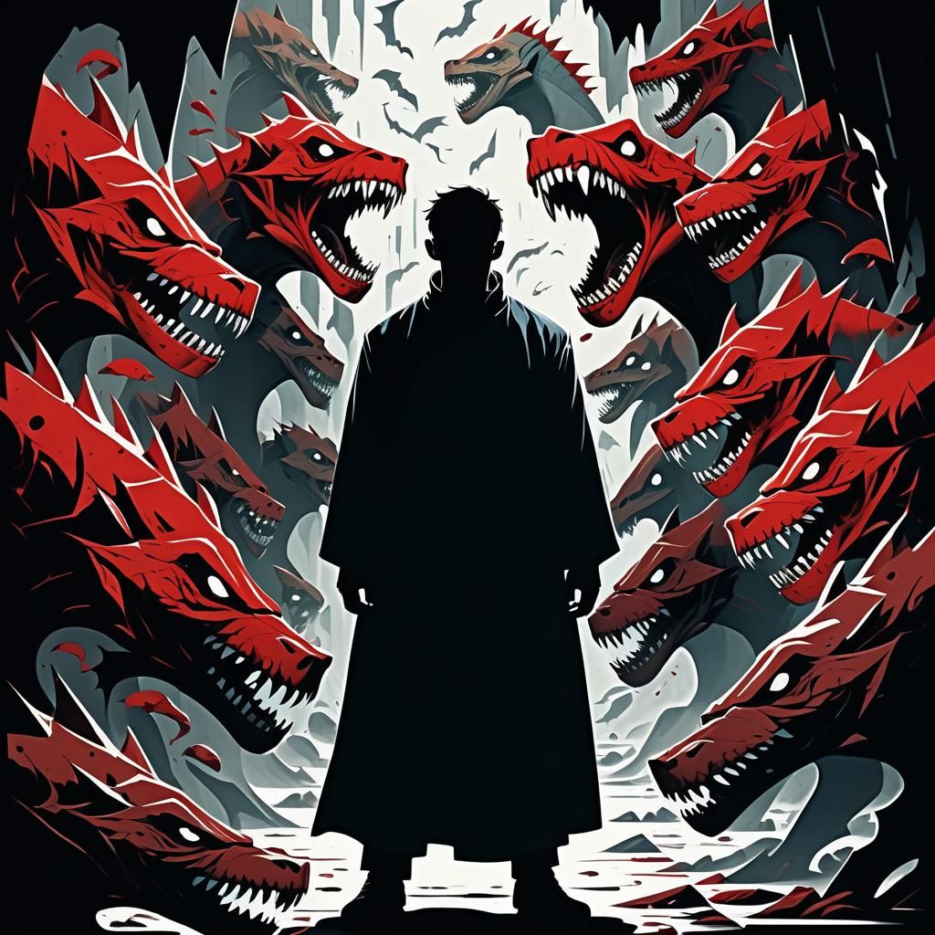 Calm Figure Amidst Monstrous Shadows