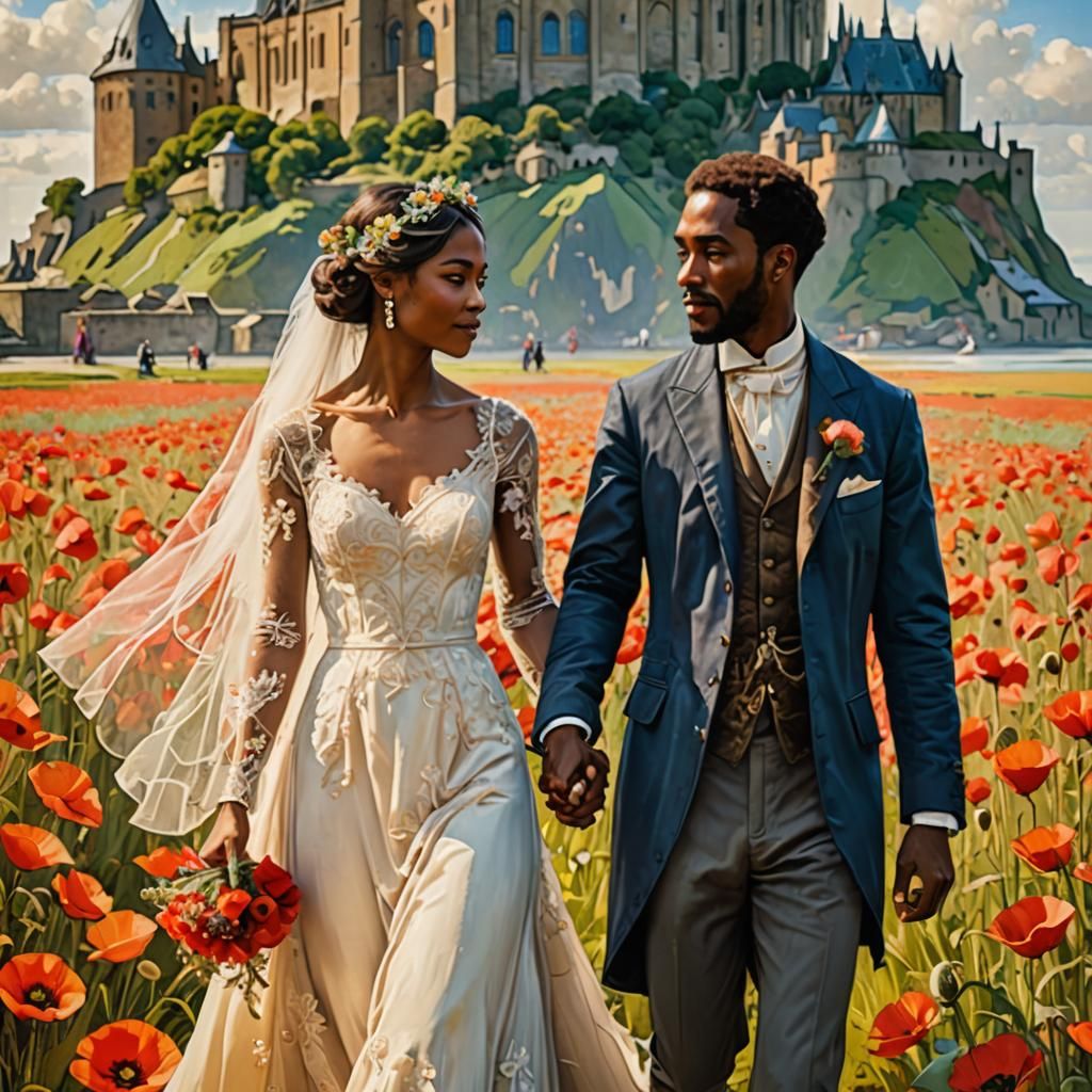 Lesbian Wedding in Art Nouveau Style Poppy Field