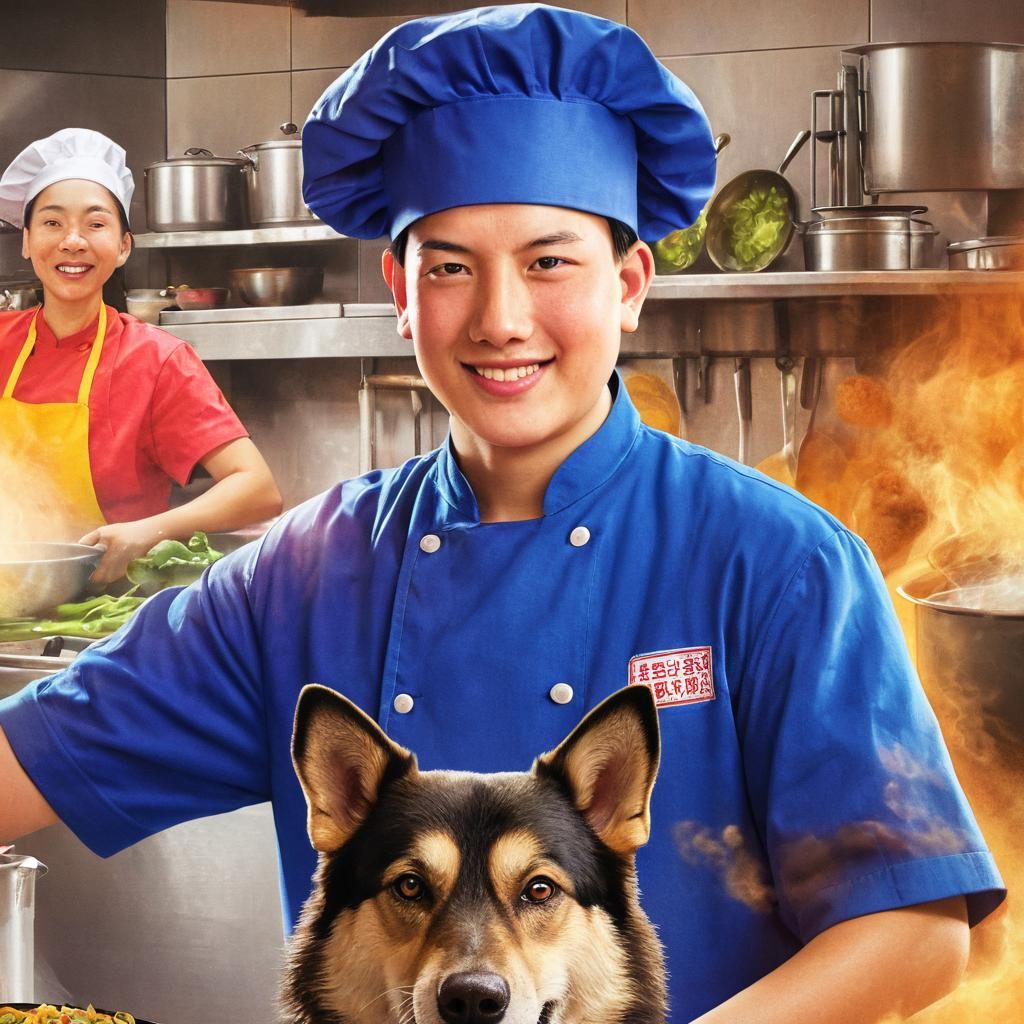 Traditional Chinese Chef Cooks with Joyful Pet Dog