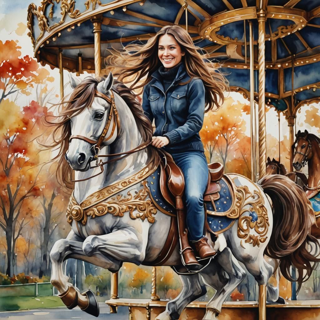 Woman Riding Carousel Horse in Watercolor Style