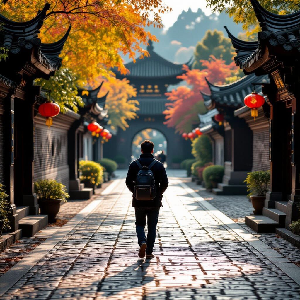 Tourist Explores Taiwanese Historical Path in Natural Light