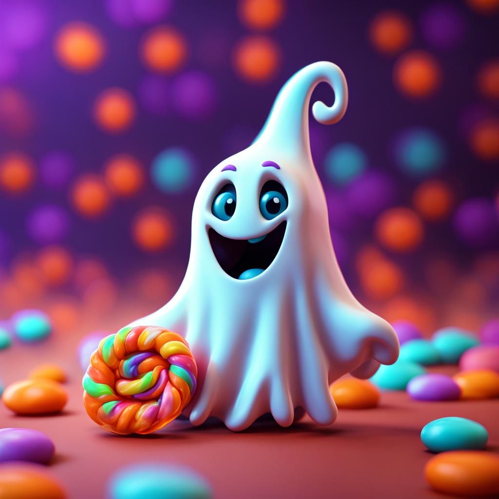 Cute Halloween Ghost with Candy: 3D Digital Art