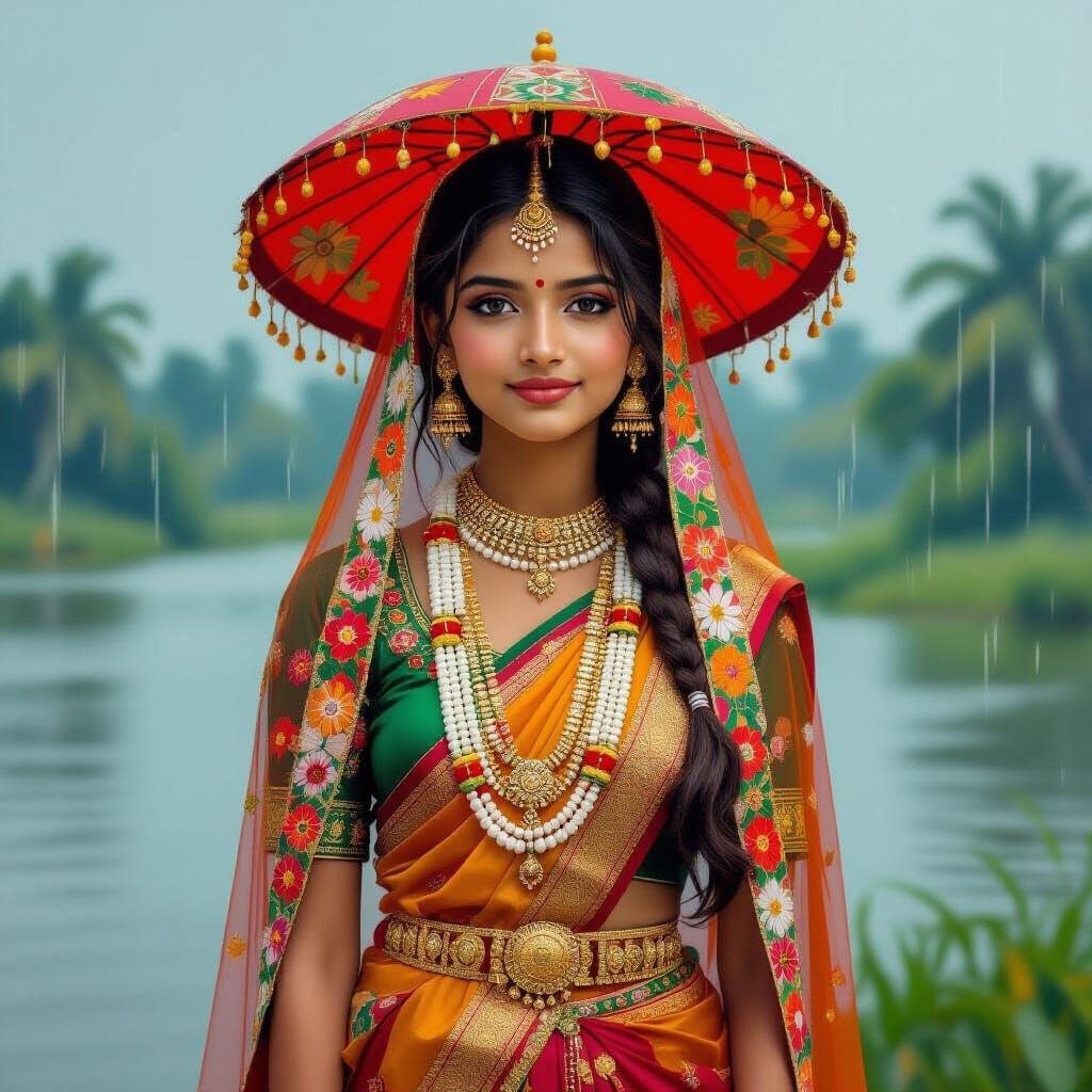 Indian Girl in Rain Tilla Attire, Impressionistic Style