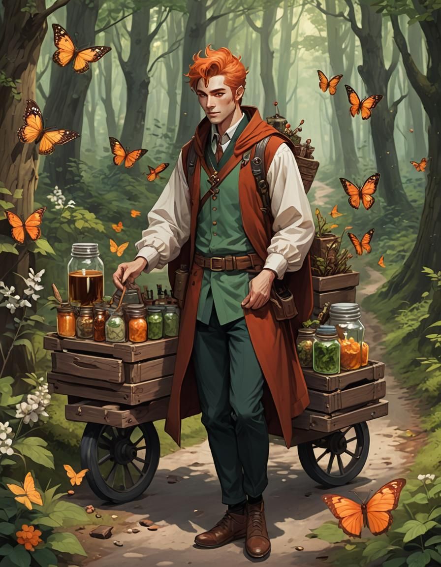 Kitsune Merchant Selling Beetles in Forest, Anime Style