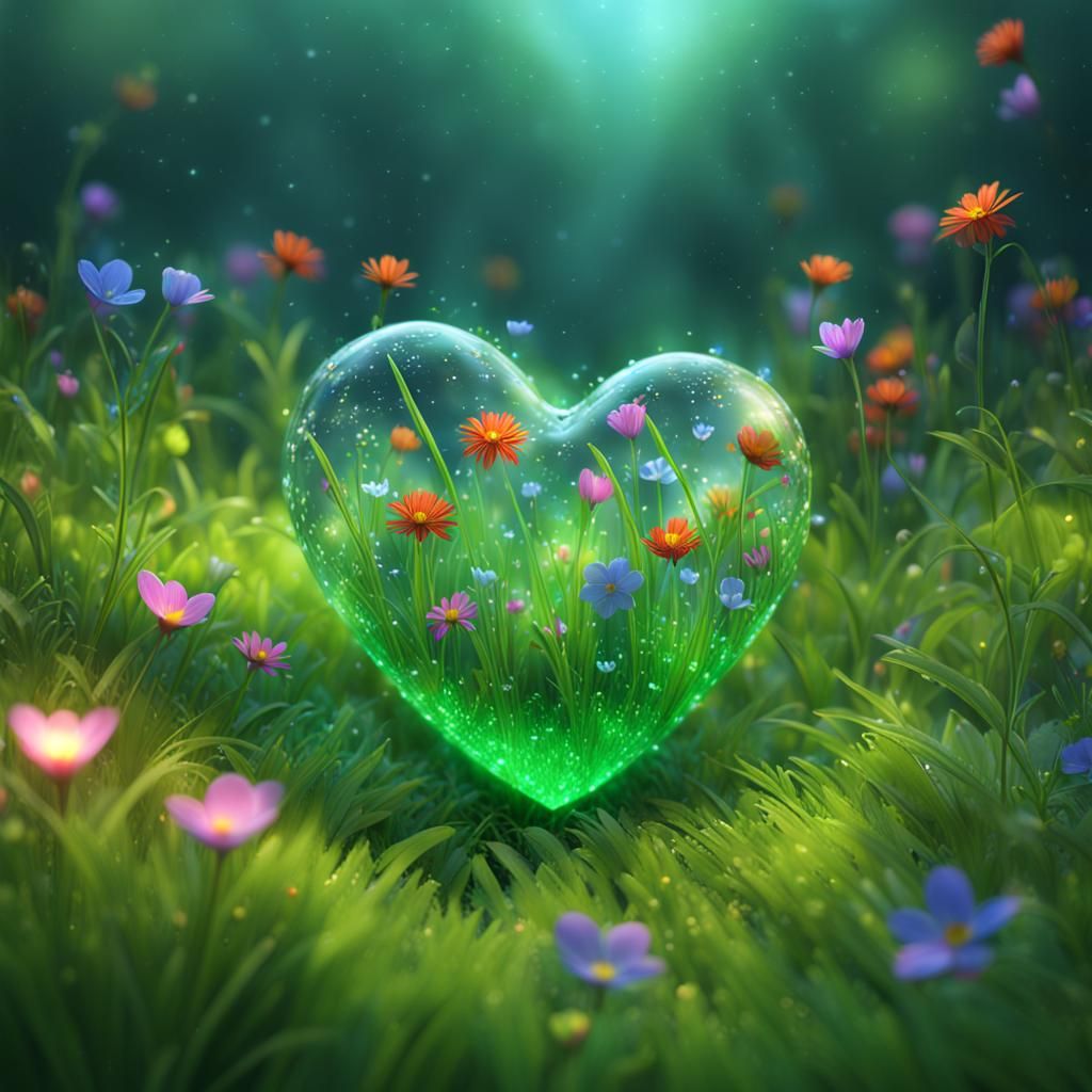 Heart of Colorful Flowers in Dewy Grass