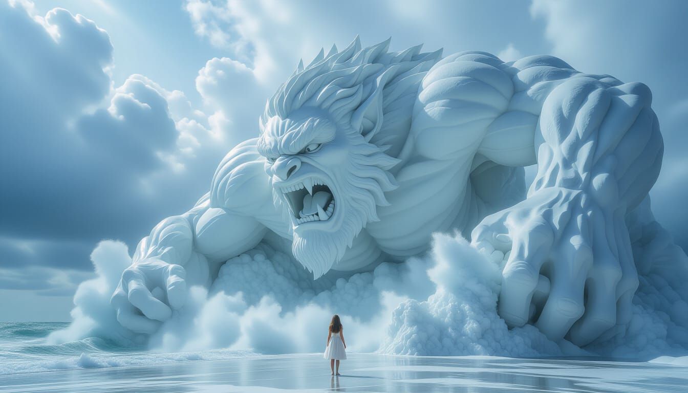 Colossal Monster Sculpture in Tempestuous Clouds