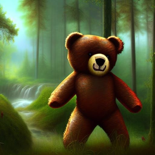Teddy Bear in Woods: Detailed Matte Painting