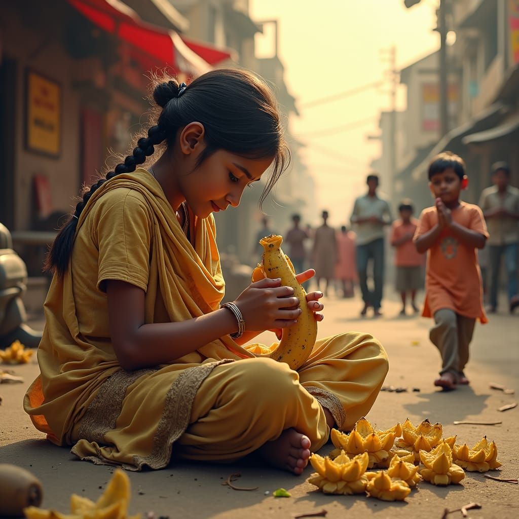 Indian Girl Crafts Ganesha Banana Sculpture