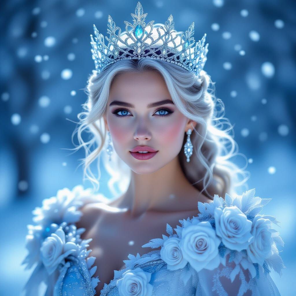 Winter Queen with Frosted Roses in Ethereal Snow