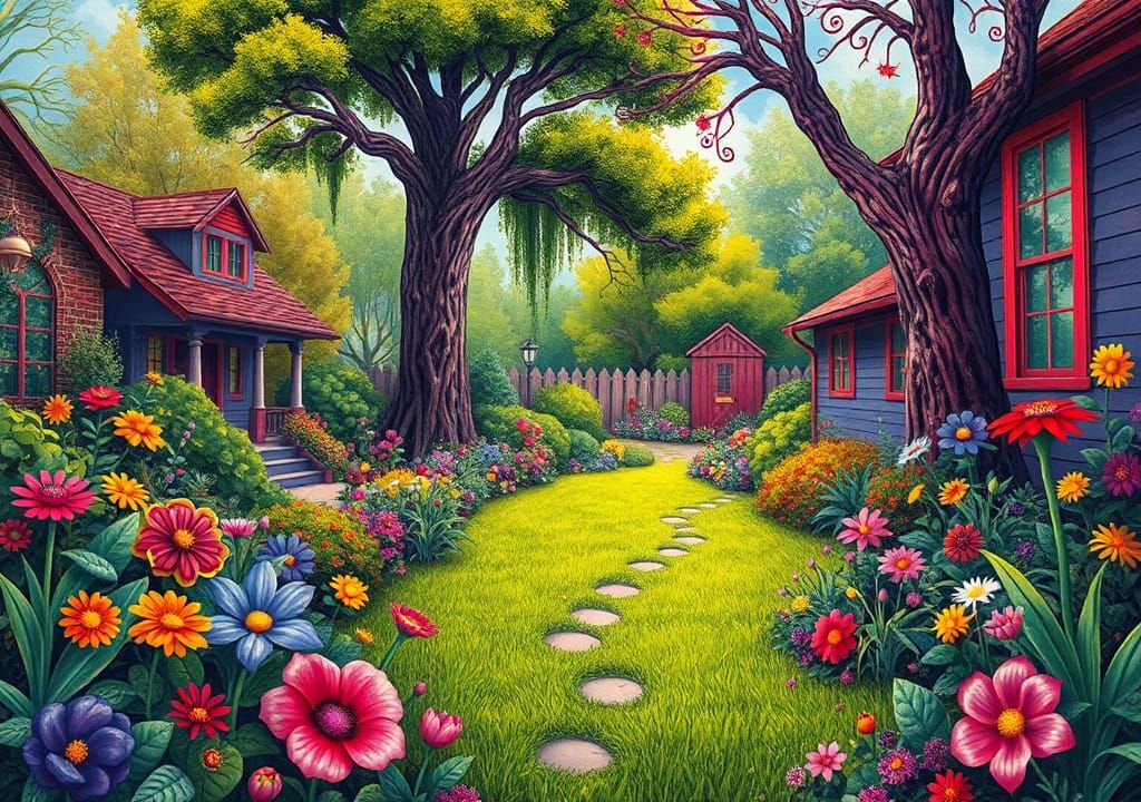 Whimsical Yard Scene in Surrealist Style