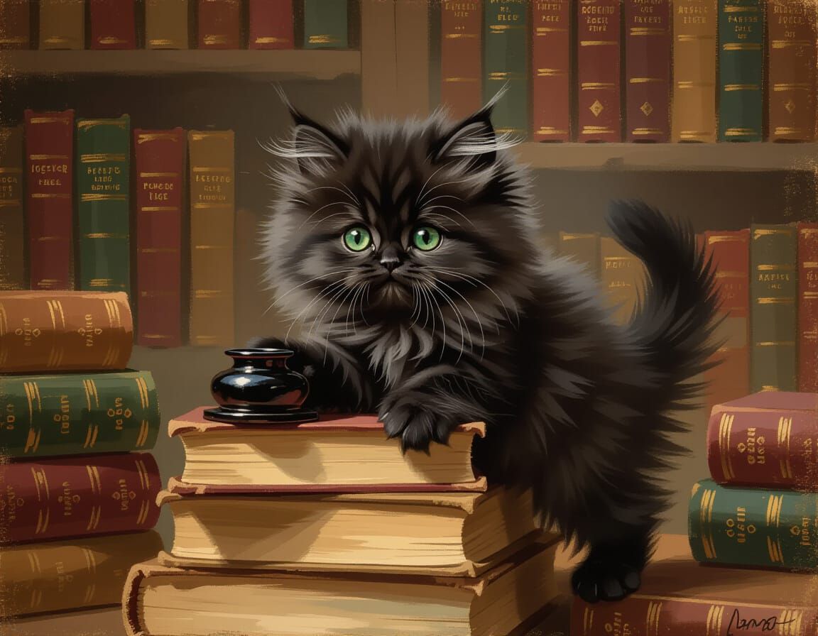 Persian Kitten on Books in Cozy Library