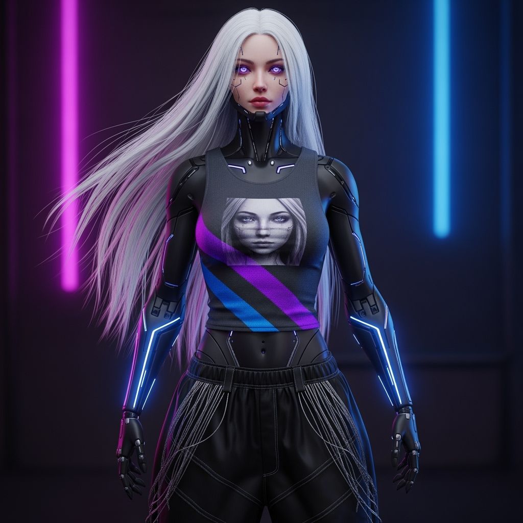 Cyberpunk Android Portrait with Flowing White Hair