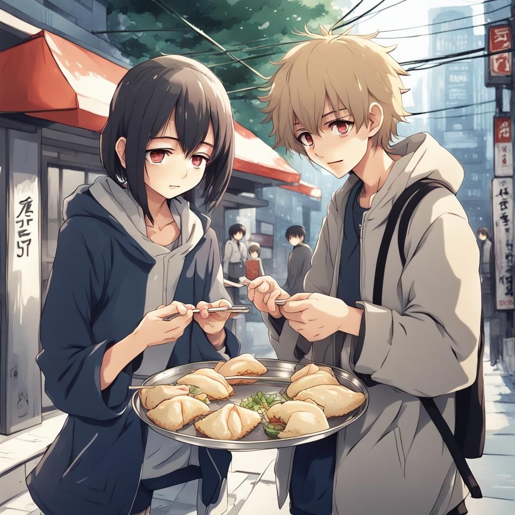 Anime Couple Sharing Gyoza in Tokyo