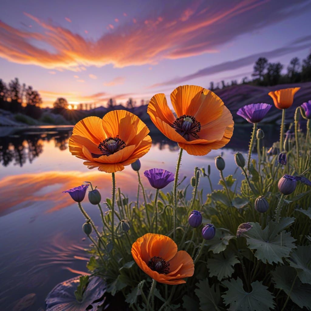 Orange Poppies by Lake at Sunset