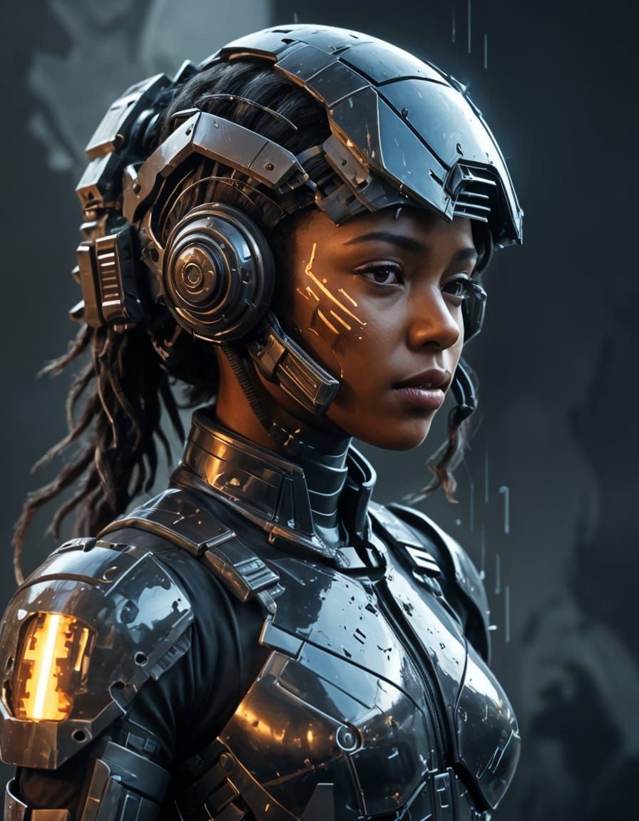 Glitch Portrait of Sci-Fi Pilot With Giant Mech