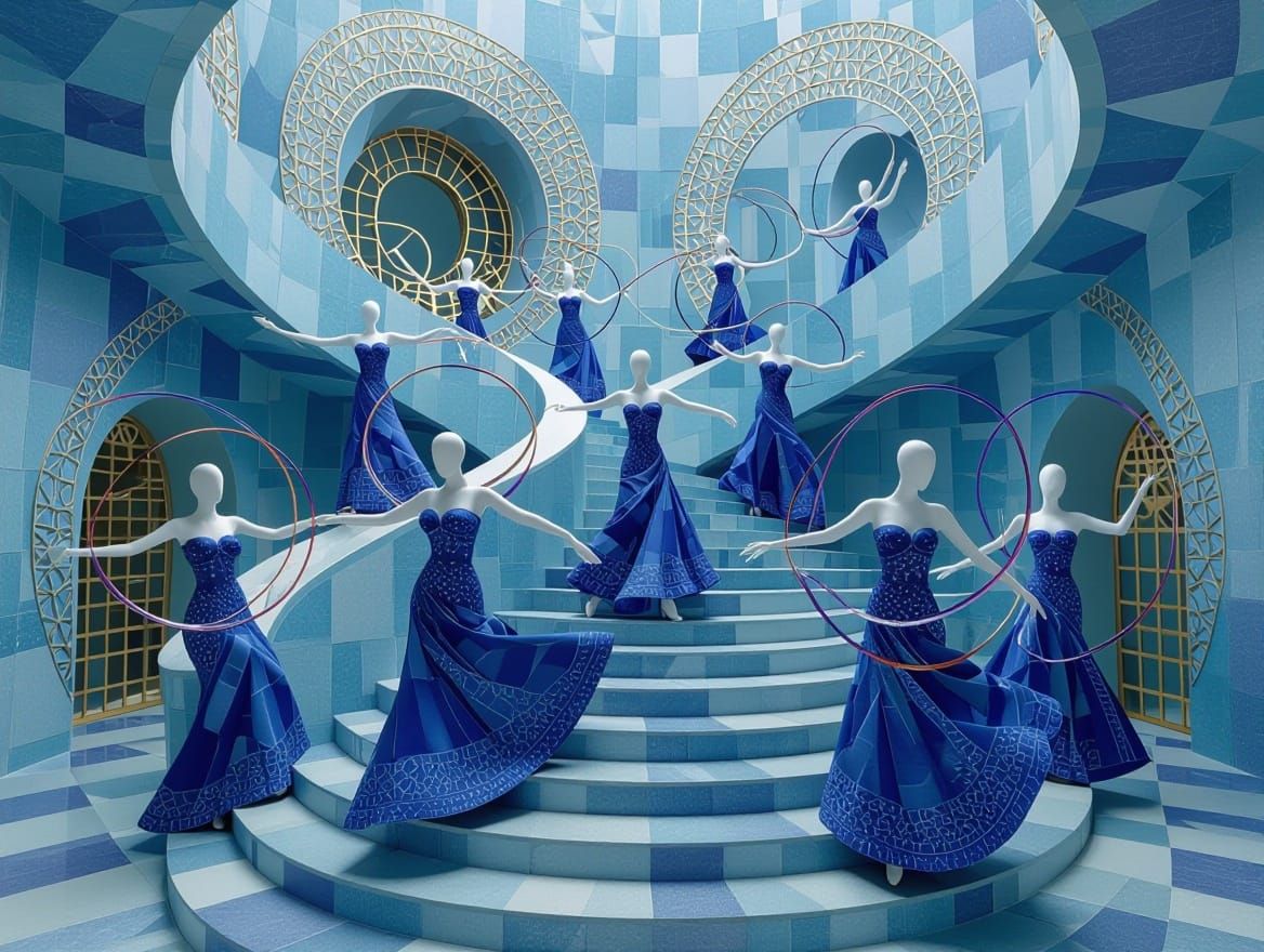 Abstract Geometric Dancers in Escher-Inspired Blue Staircase