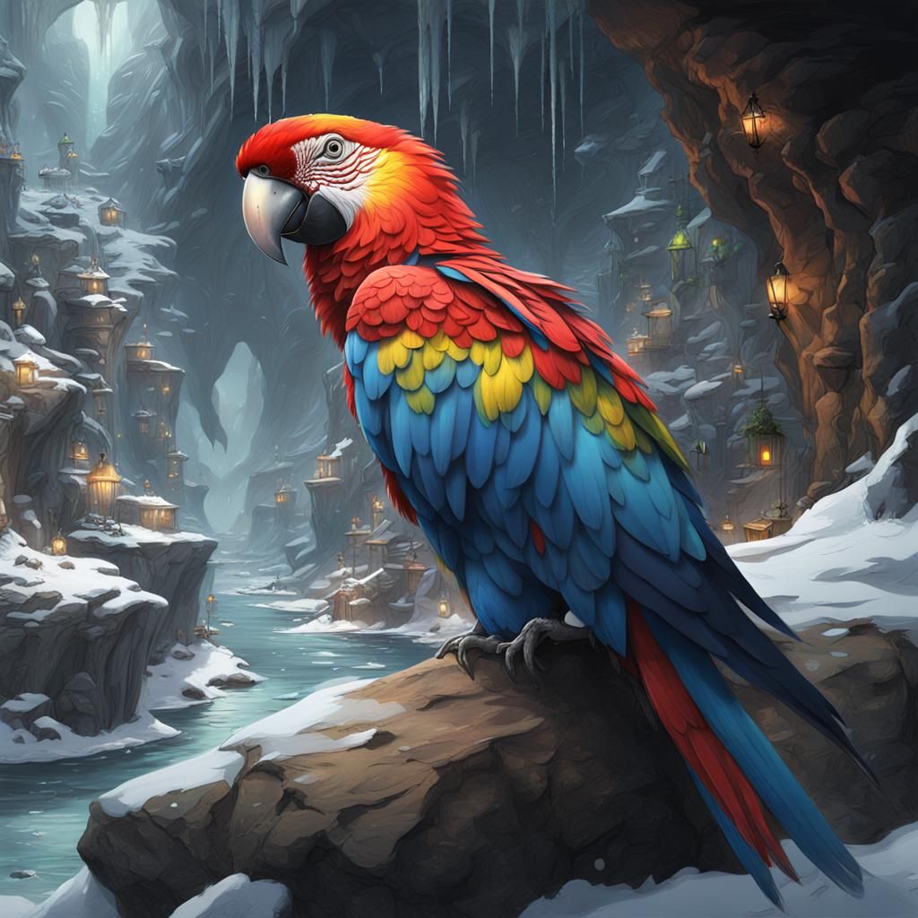 Cyberpunk Parrot Painting in Snowy Future Cave