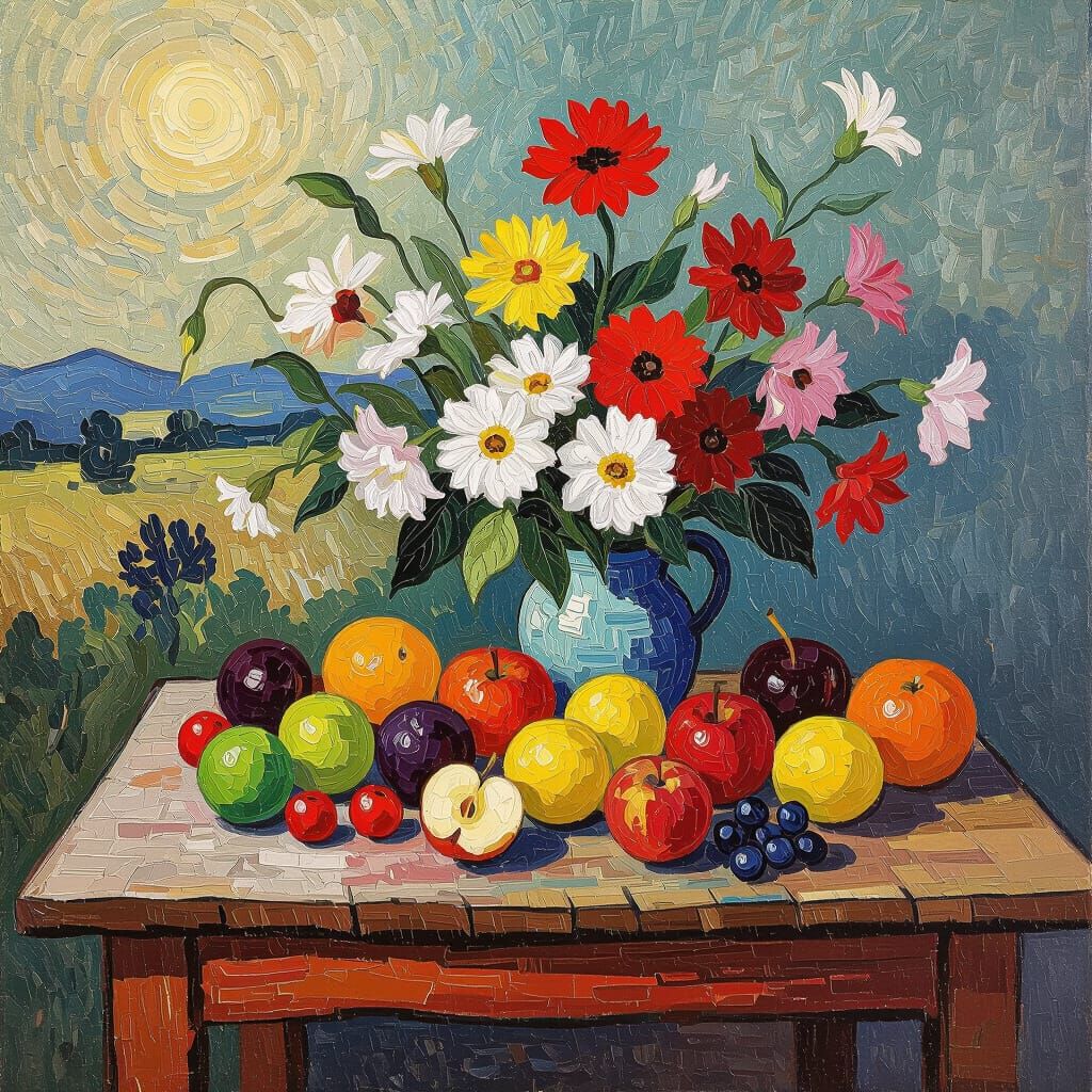 Bold Still Life of Fruits and Flowers as Impasto Painting