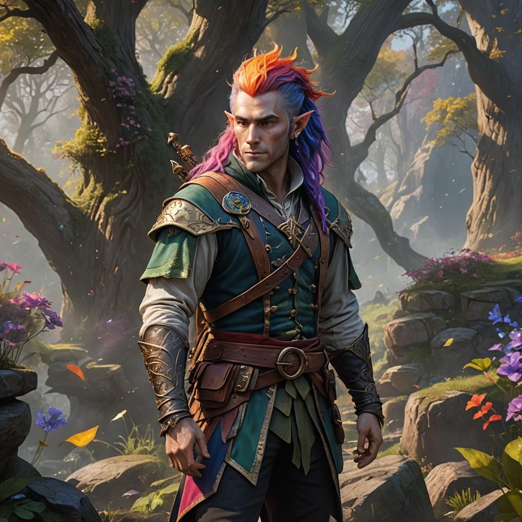 Rainbow Haired Half-Elf Bard: Fantasy Concept Art