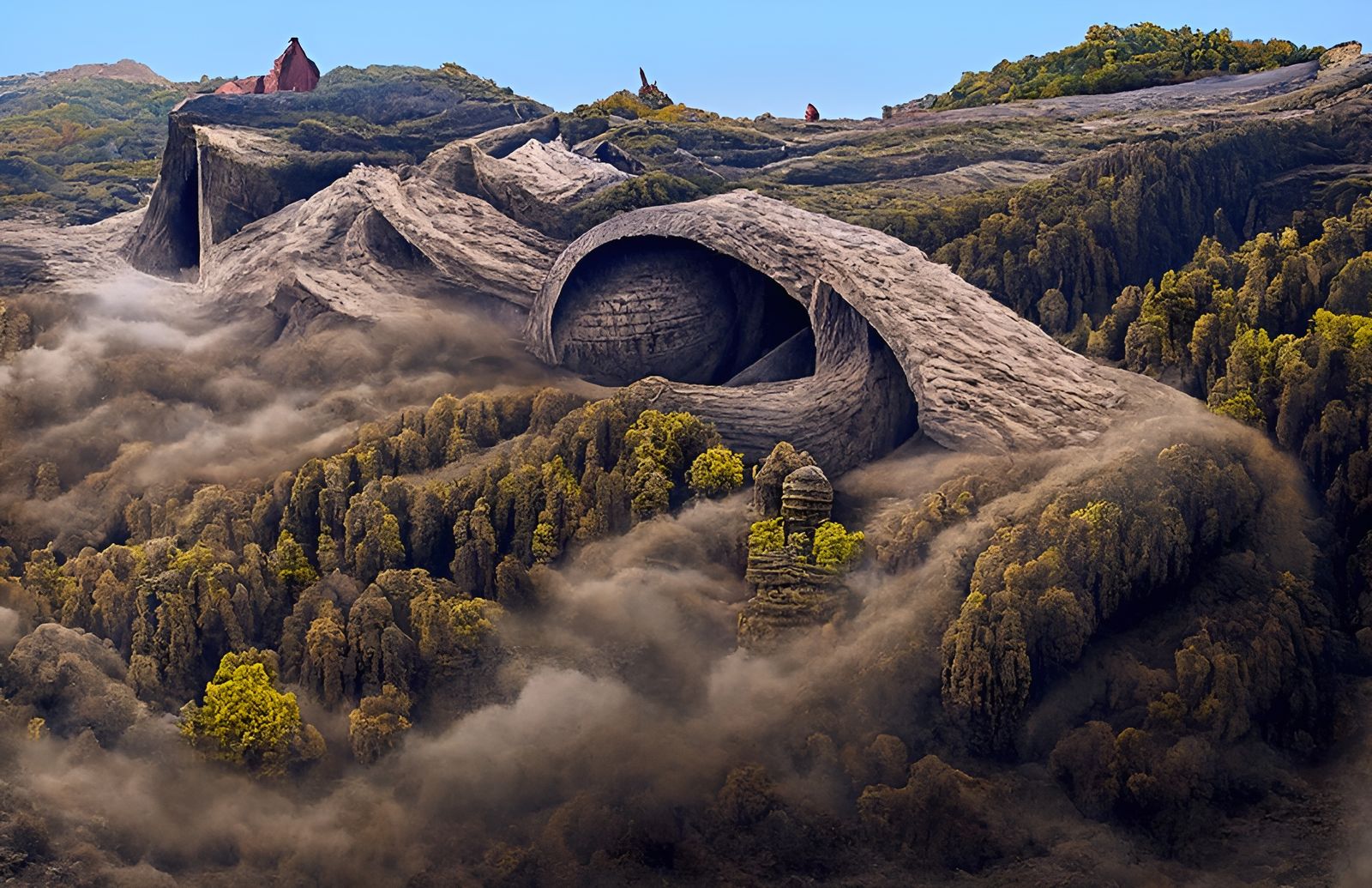 Surreal Alien Castle Carved into Mountain: 3D Rendering