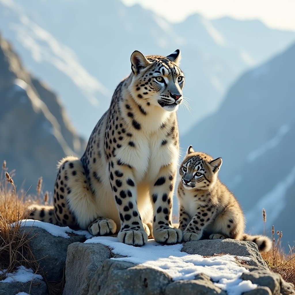 Snow Leopard Family in Mountain Habitat