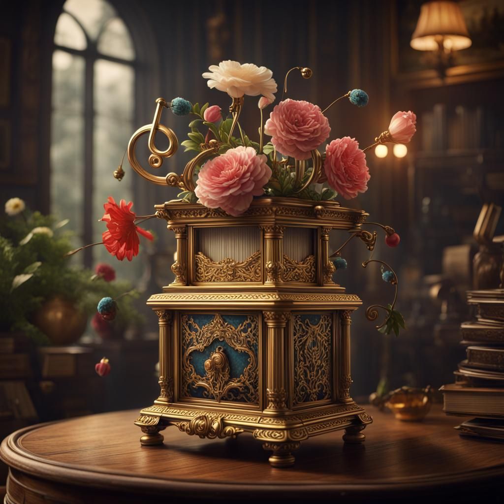 Depict a vintage music box that, when opened, reveals a miniature flower arrangement spinning to a melodious tune, captu...