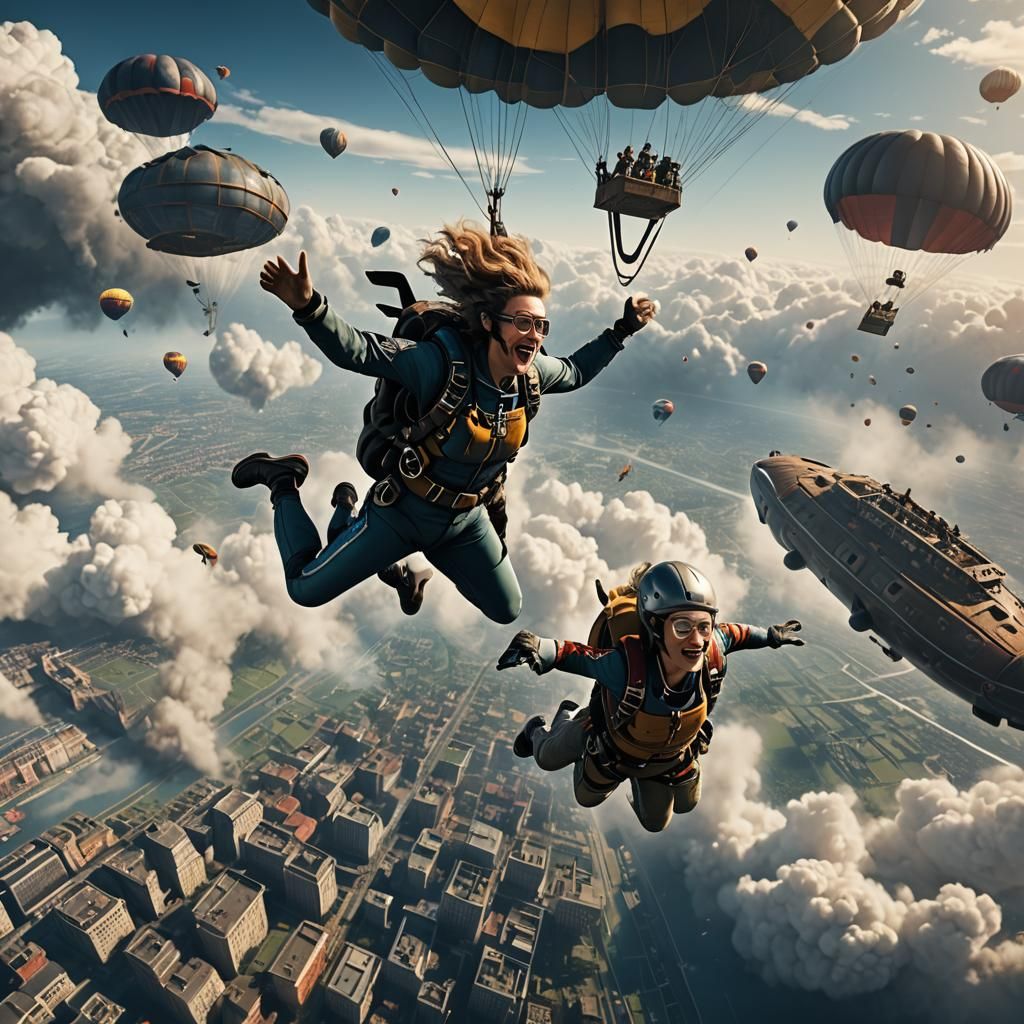 Woman Skydiving from Exploding Zeppelin: Fantasy Concept Art