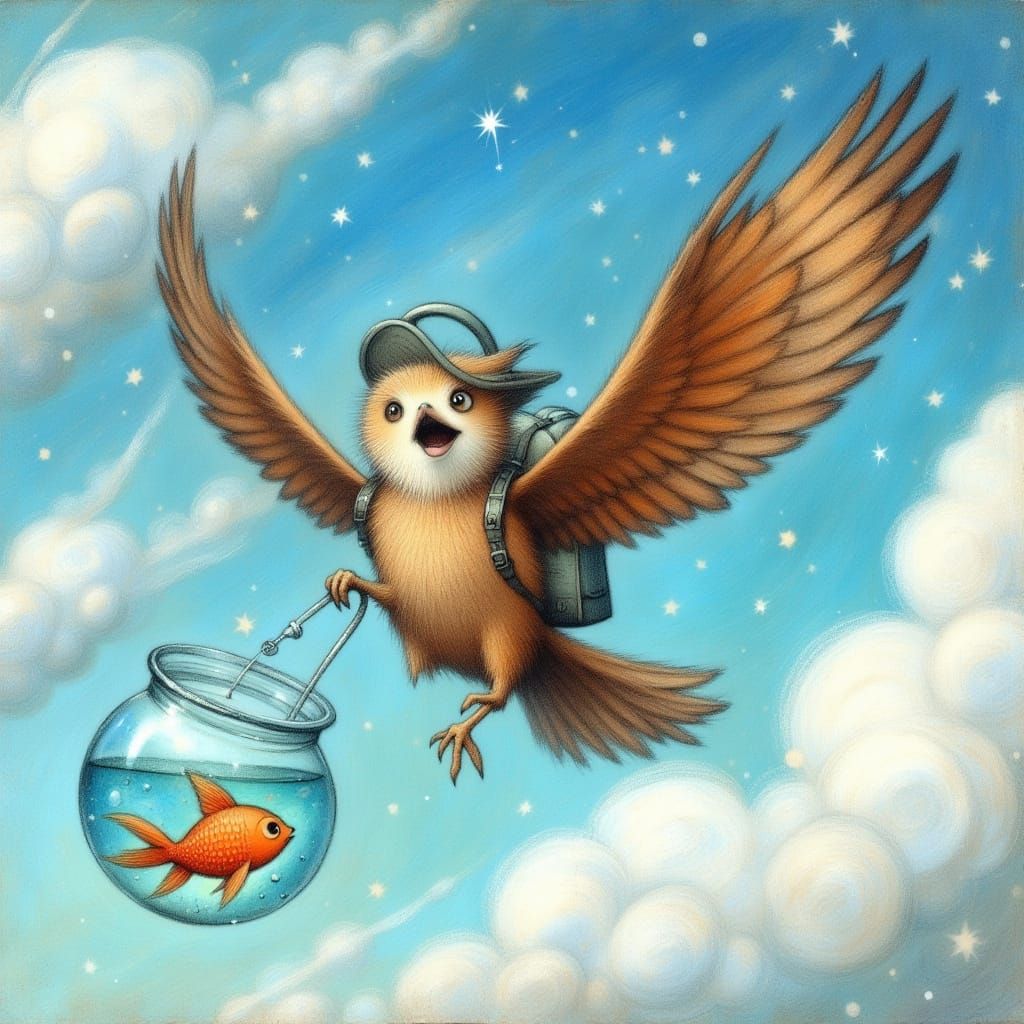 Cartoon Falcon Soars with Fishbowl in Whimsical Sky