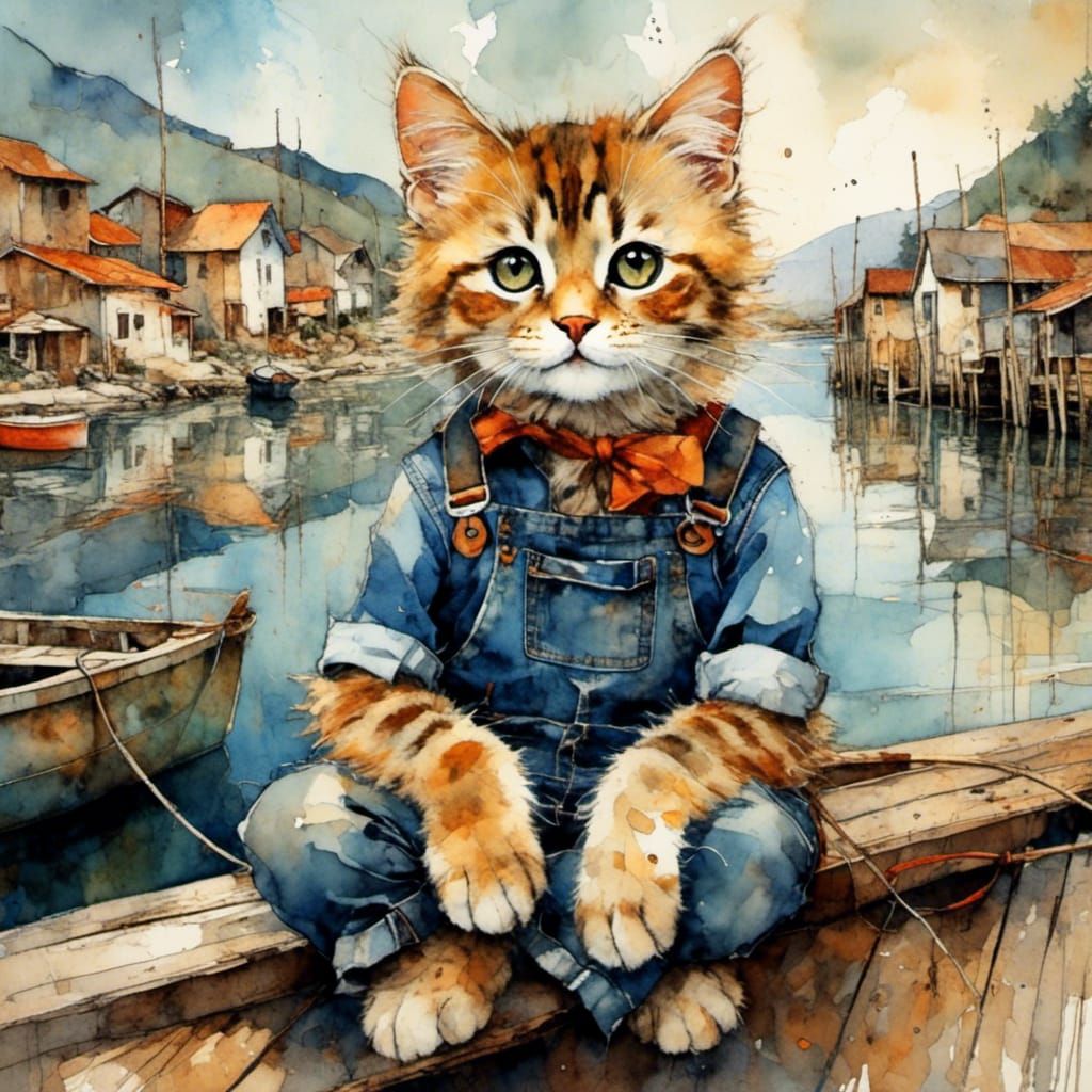 Cat Portrait on Fishing Dock in Warm Hues