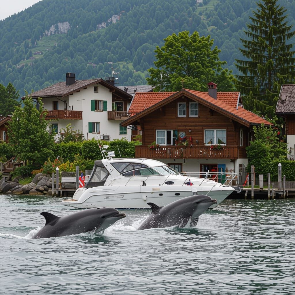 Dolphin, House, and Ship on the Water