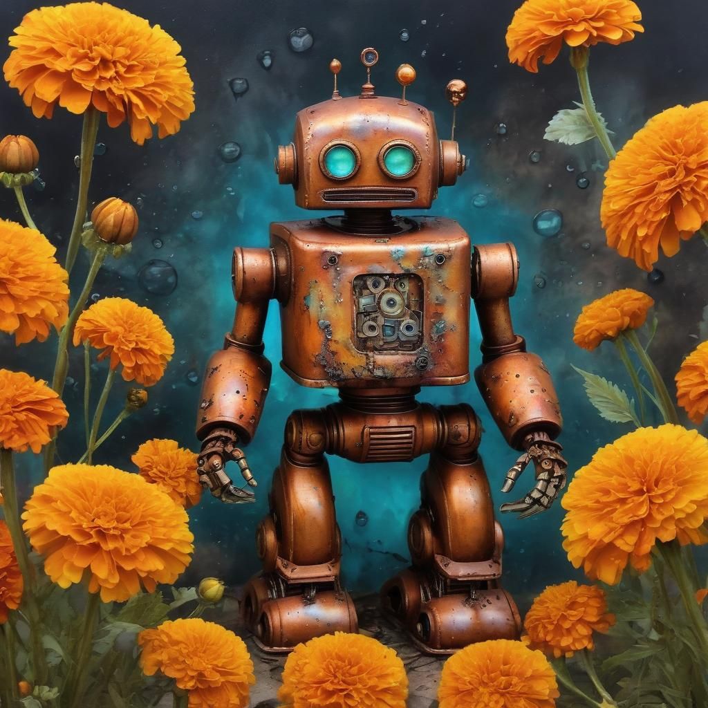 Cute Robot with Marigolds in Dark Fantasy Art
