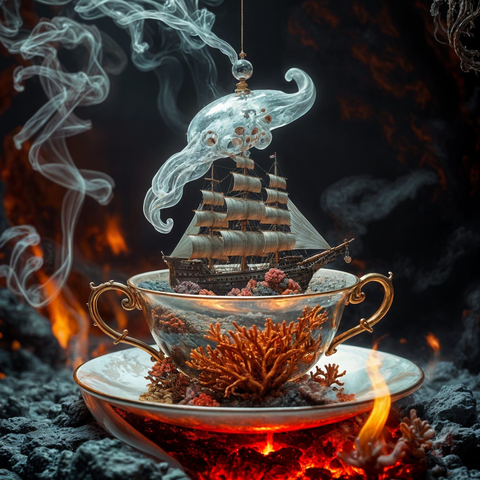 Cyberpunk Fantasy Vessel Rises from Volcanic Depths