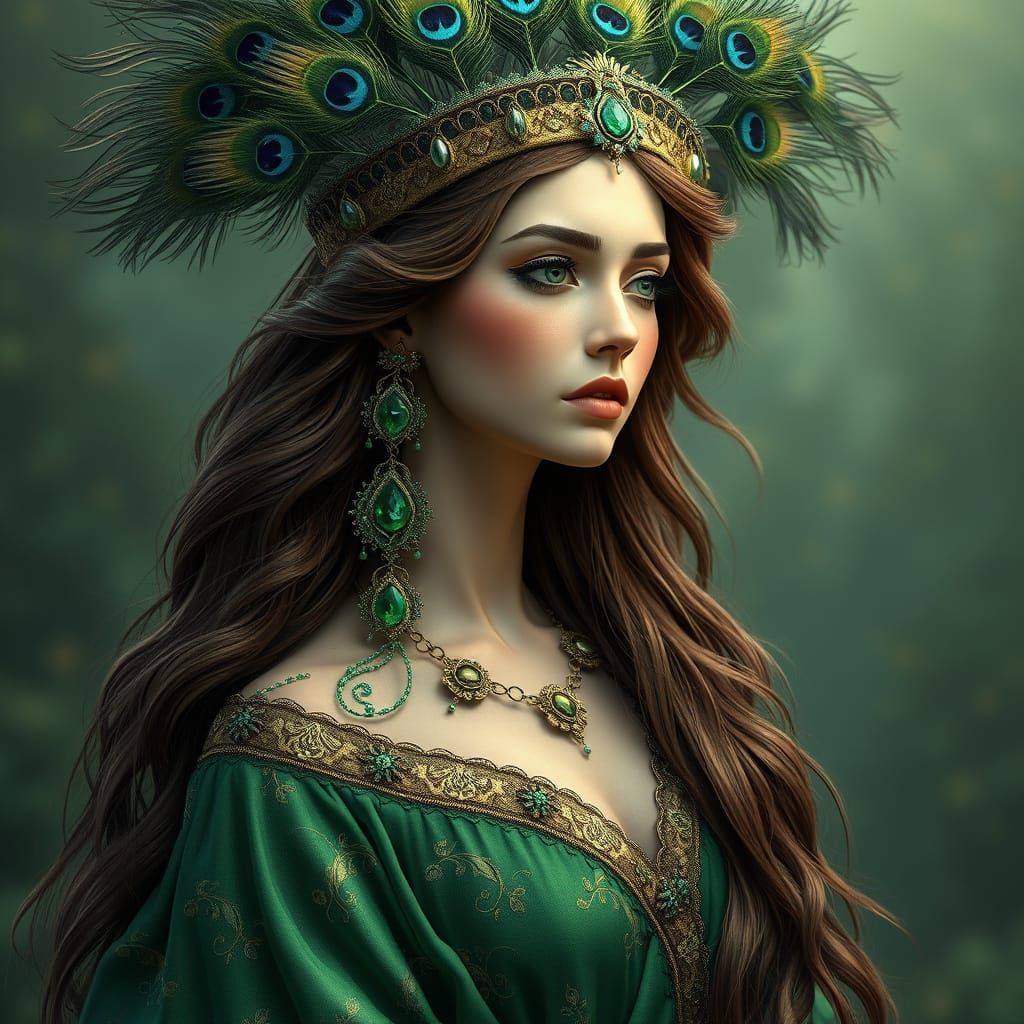 Regal Peacock Goddess in Emerald Crown