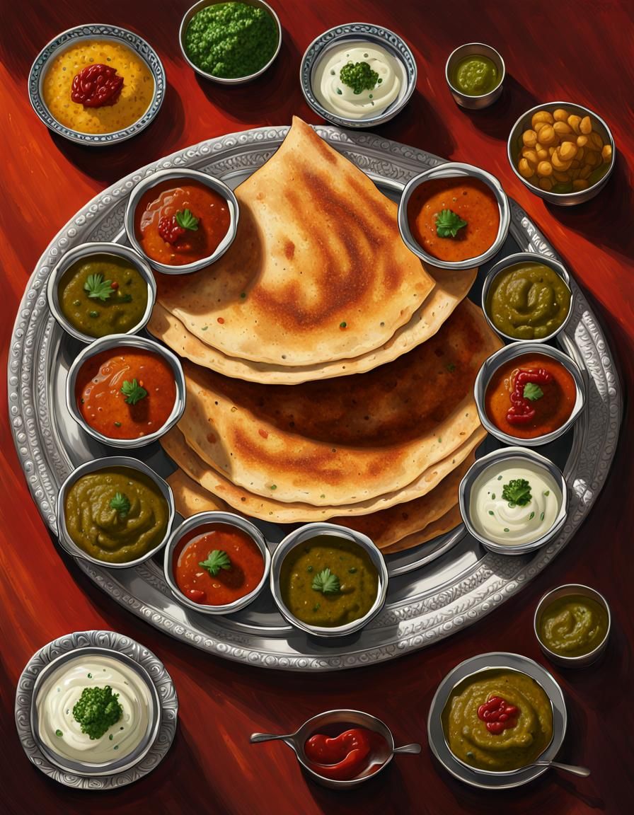 Ghee Roast Dosa with Chutneys, Hyperrealistic Art