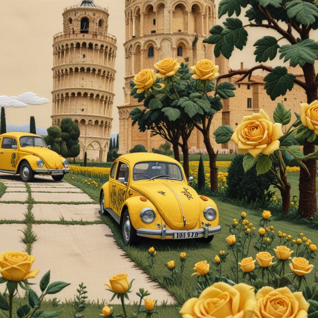 Embroidered Yellow Car and Leaning Tower