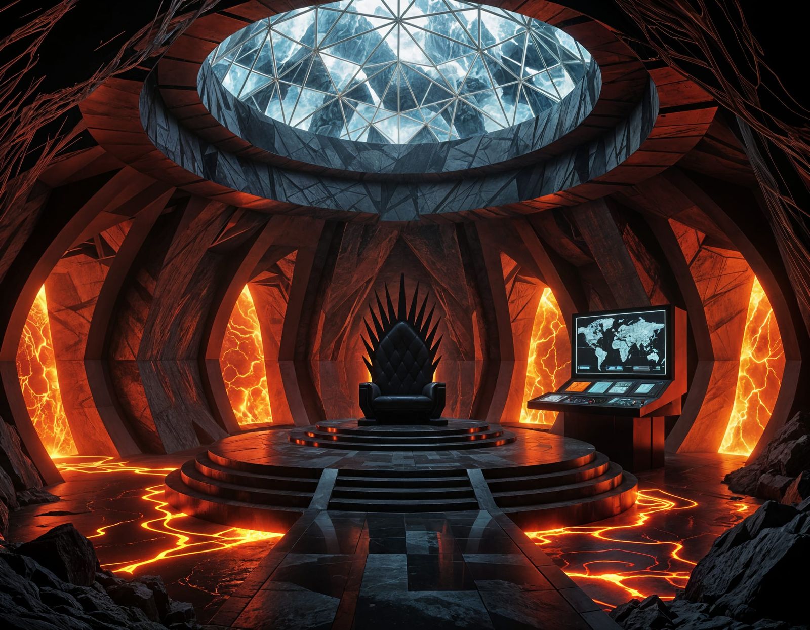 A secret lair, carved into the active volcano, serves as the...