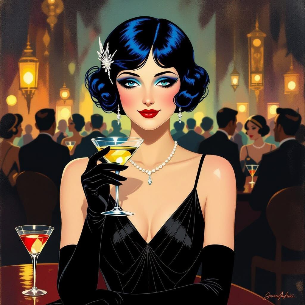 Art Deco Flapper Girl with Blue Hair Holding Martini