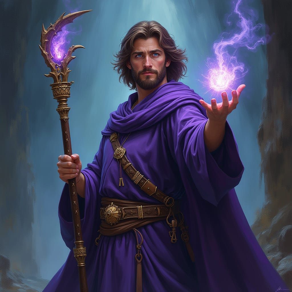 Male Mage with Glowing Staff in Purple Robes