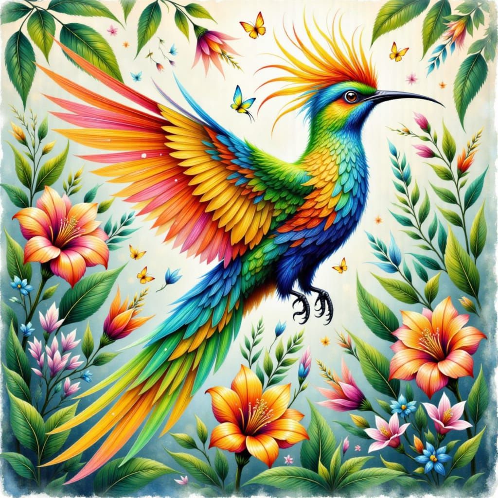 Radiant Bird in Tropical Paradise, Watercolor Style