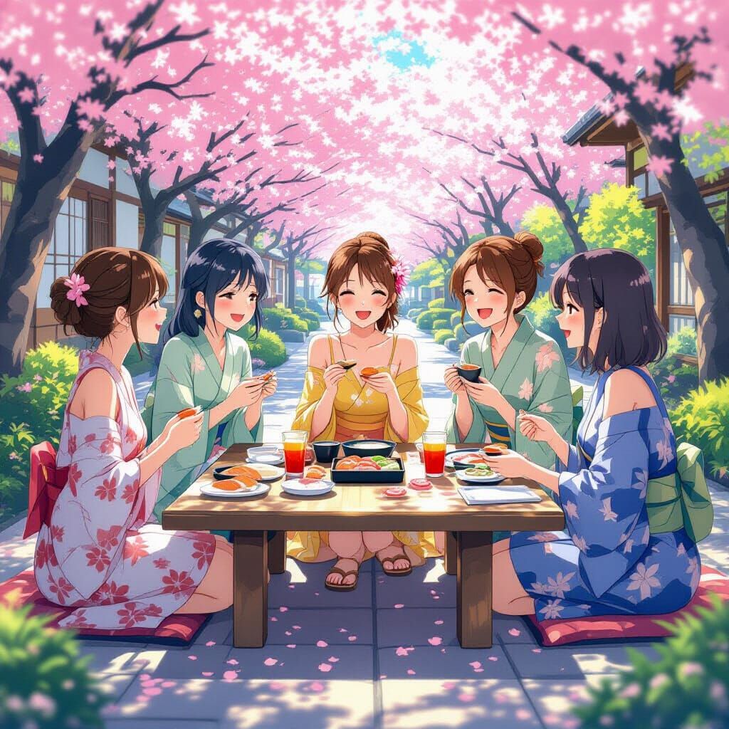 Anime Girl and Friends Enjoying Sushi in Tokyo