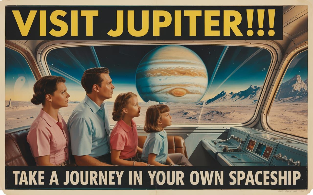 A 1950s style Travel Poster advertising a trip to Jupiter in your own personal spaceship.